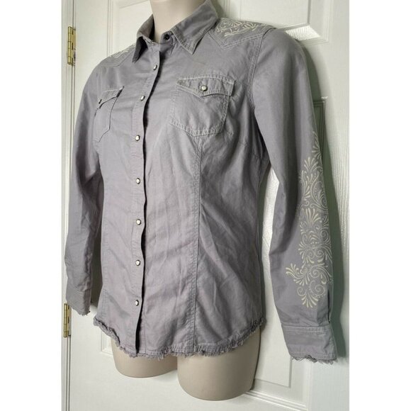 Noble Outfitters Large Western Snap Button Up Rodeo Shirt Equestrian Raw Hem - Picture 3 of 9